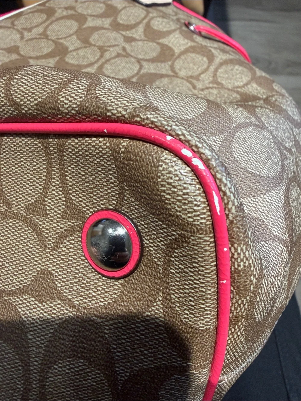 Sold Coach Brown Signature Tote with Pink Stripe